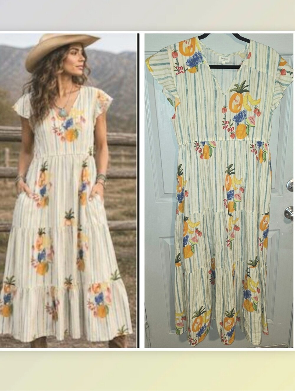World Market Boho Fruit Print Tiered Cotton Maxi Dress Women's L/XL L or XL